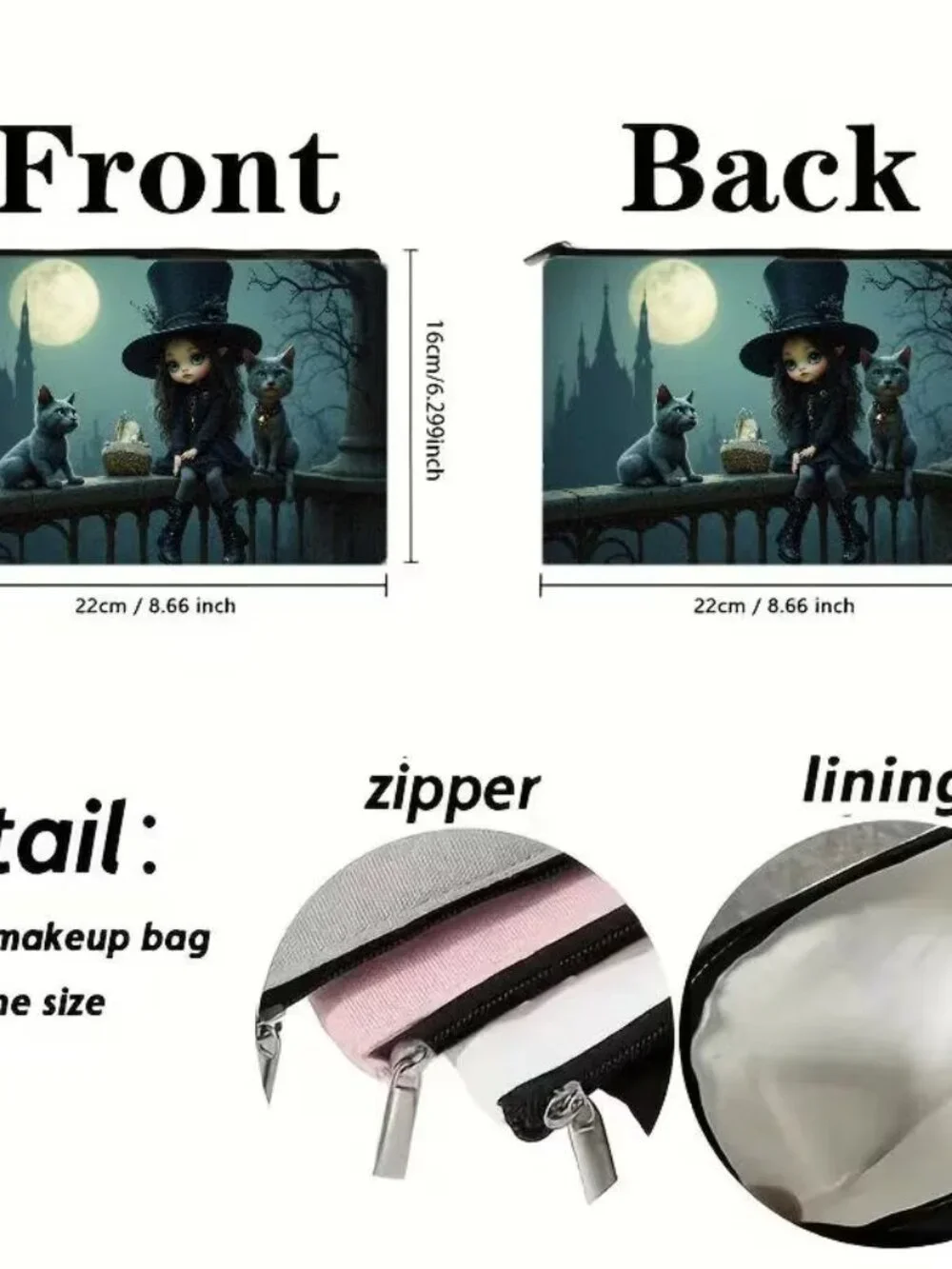 Halloween Dark Goth Witch & 2 Black Cats Makeup Bag Double-Sided 6.3